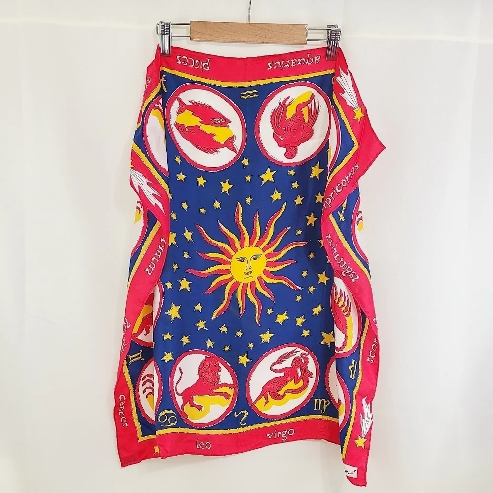 Vintage 1960s Zodiac Astrology Burmel Scarf red blue Gold Silk